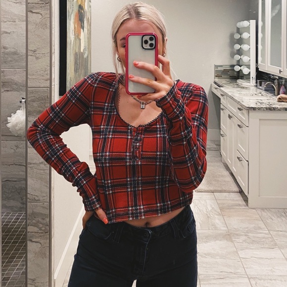 Free people red plaid long sleeve crop top - Picture 7 of 10